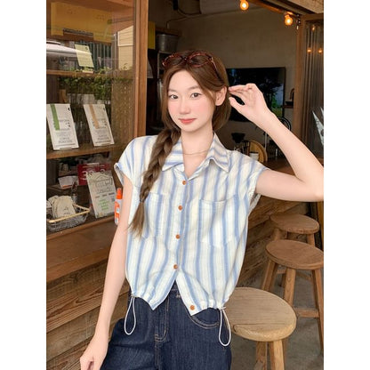 Cap Sleeve Striped Collared Button-Up Shirt
