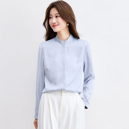 Short Sleeve Band Collar Solid Button-Up Shirt