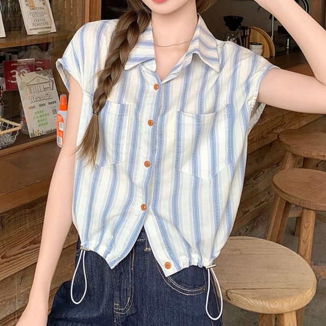 Cap Sleeve Striped Collared Button-Up Shirt