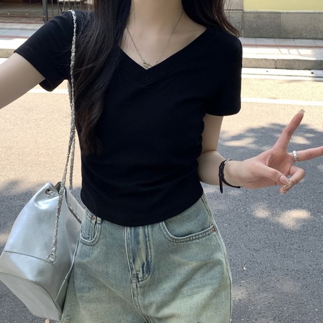 Short Sleeve V-Neck Solid T-Shirt