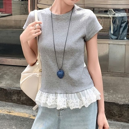 Short Sleeve Crew Neck Lace Trim Solid T-Shirt