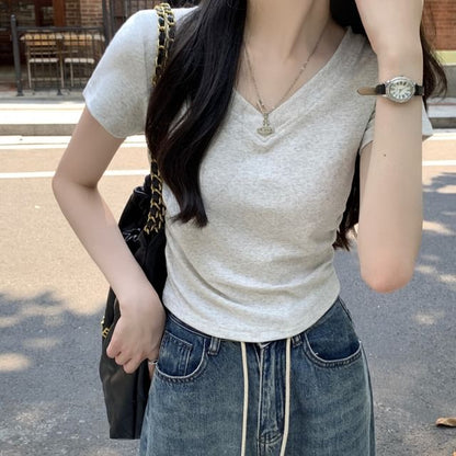 Short Sleeve V-Neck Solid T-Shirt