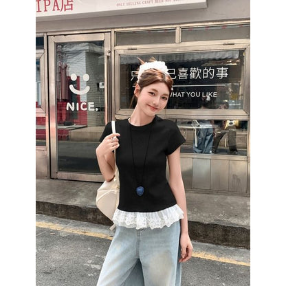 Short Sleeve Crew Neck Lace Trim Solid T-Shirt
