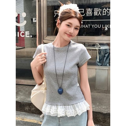 Short Sleeve Crew Neck Lace Trim Solid T-Shirt