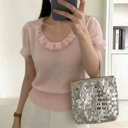 Ruffle-Trimmed Scoop Neck Knit Top with Short Sleeves