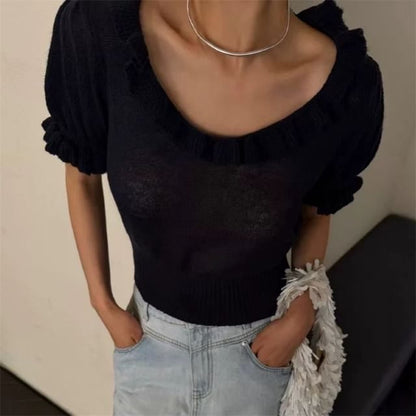 Ruffle-Trimmed Scoop Neck Knit Top with Short Sleeves