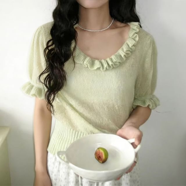 Ruffle-Trimmed Scoop Neck Knit Top with Short Sleeves