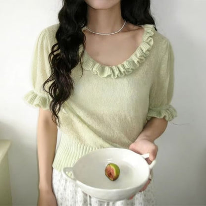 Ruffle-Trimmed Scoop Neck Knit Top with Short Sleeves