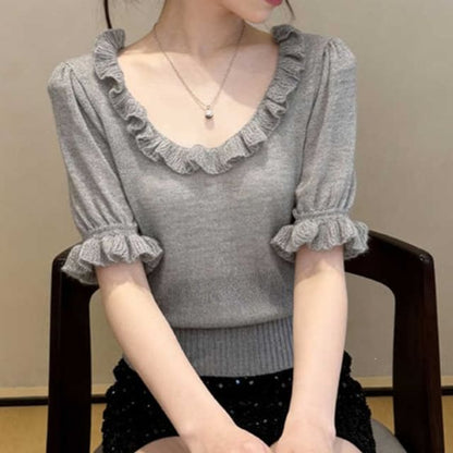 Ruffle-Trimmed Scoop Neck Knit Top with Short Sleeves