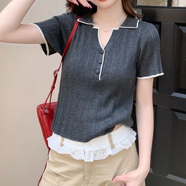 Contrast-Trim Henley V-Neck Short-Sleeve Knit