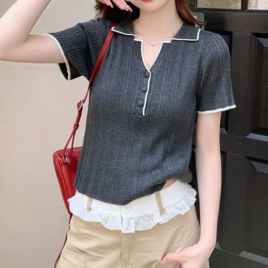 Contrast-Trim Henley V-Neck Short-Sleeve Knit