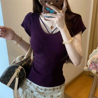 Ribbed Scoop Neck Short-Sleeve Knit Top