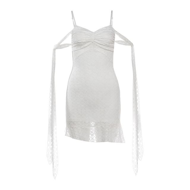 Spaghetti Strap V-Neck Plain Lace Mini Bodycon Dress