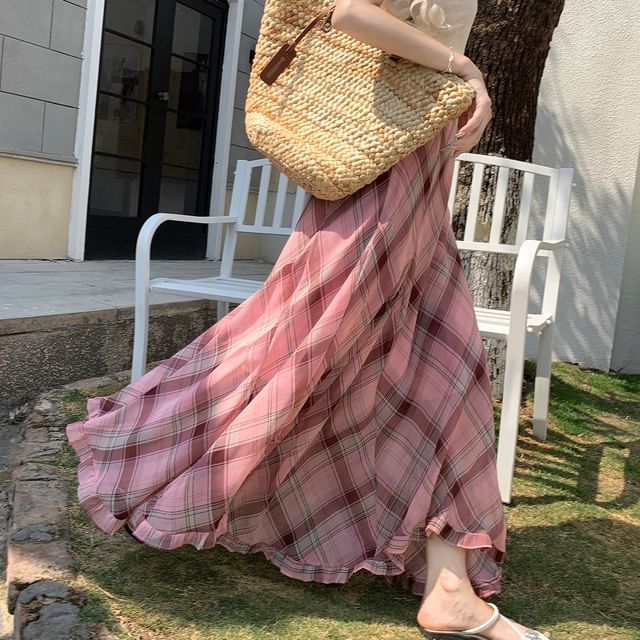 High Waist Plaid Maxi A-Line Skirt