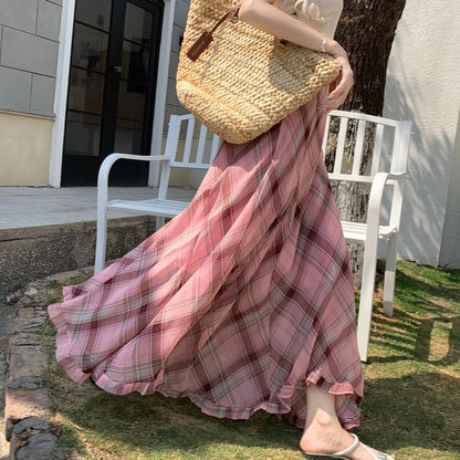 High Waist Plaid Maxi A-Line Skirt