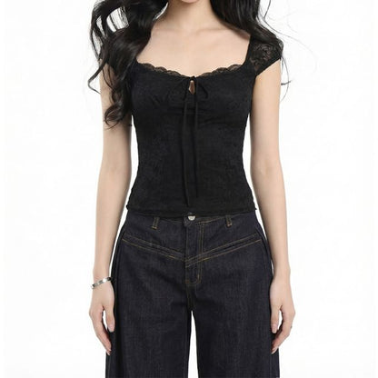 Cap Sleeve Square Neck Plain Tie Front Panel Lace Top
