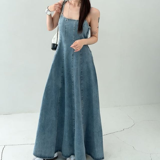 Spaghetti Strap Washed Open Back Midi A-Line Denim Dress
