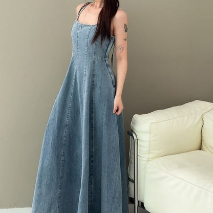 Spaghetti Strap Washed Open Back Midi A-Line Denim Dress