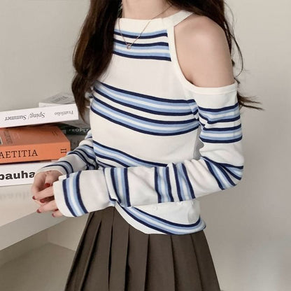 Striped Cold-Shoulder Long-Sleeve Crew Tee