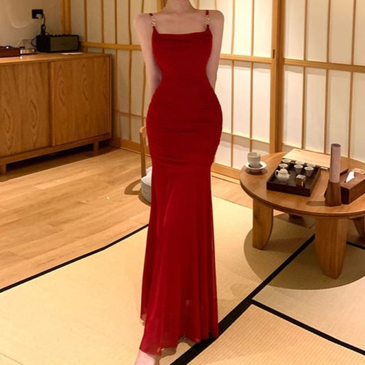 Spaghetti Strap Square Neck Plain Maxi Bodycon Dress