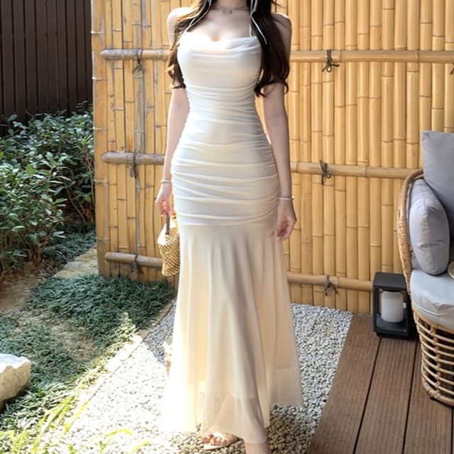 Spaghetti Strap Square Neck Plain Maxi Bodycon Dress