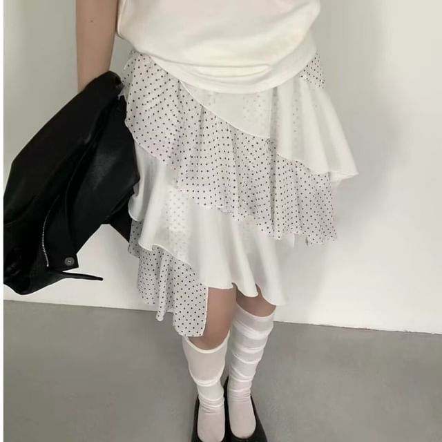 Elastic Waist Dotted Ruffle Trim Mini A-Line Skirt