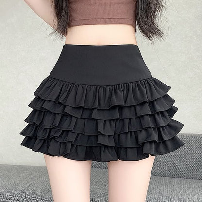 High Waist Plain Mini Ruffle Tiered Skirt