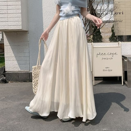 Elastic Waist Plain Maxi A-Line Skirt