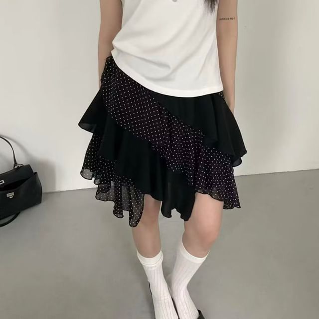 Elastic Waist Dotted Ruffle Trim Mini A-Line Skirt