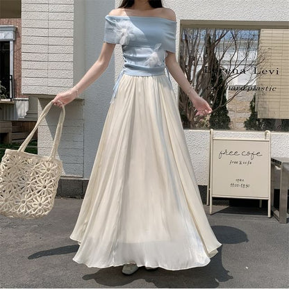Elastic Waist Plain Maxi A-Line Skirt