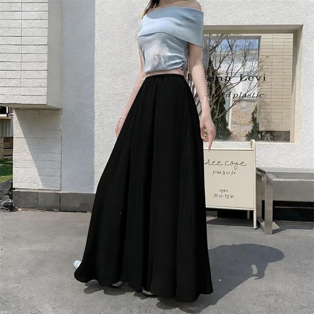 Elastic Waist Plain Maxi A-Line Skirt