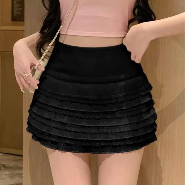 High Waist Plain Lace Trim Mini A-Line Skirt