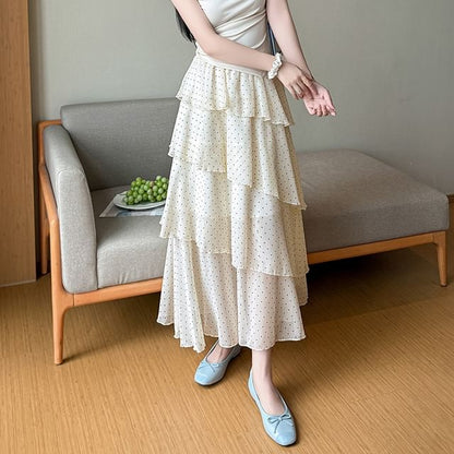 Mid Rise Dotted Maxi Tiered A-Line Skirt