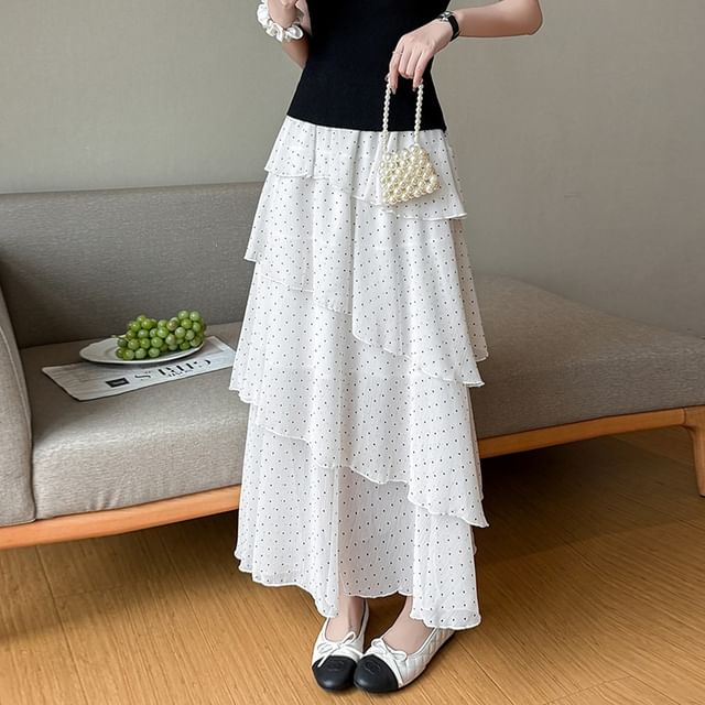 Mid Rise Dotted Maxi Tiered A-Line Skirt