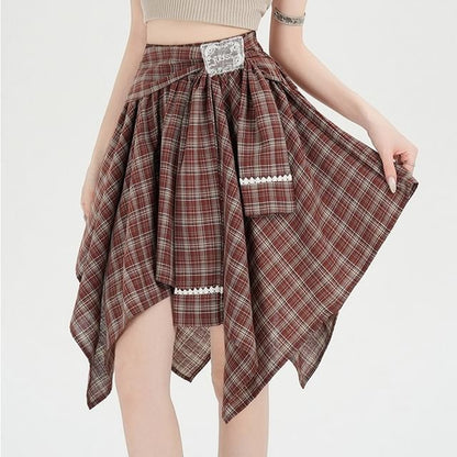 Mid Rise Tie Waist Plaid Mini A-Line Skirt