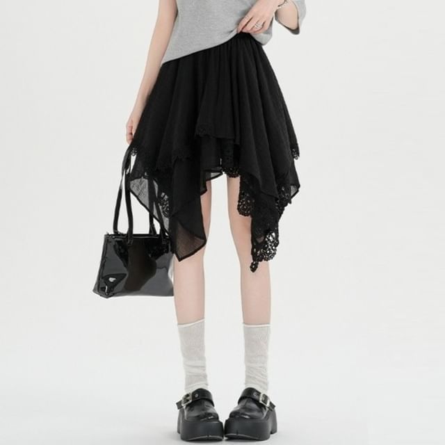 Mid Rise Plain Lace Trim Asymmetrical A-Line Skirt