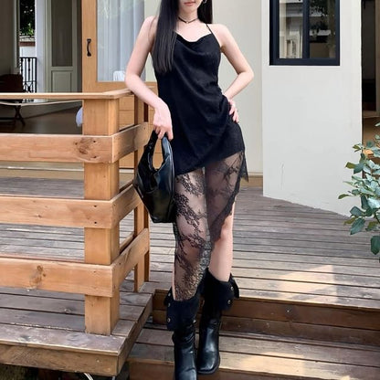 Spaghetti Strap Asymmetrical Lace Panel Dress