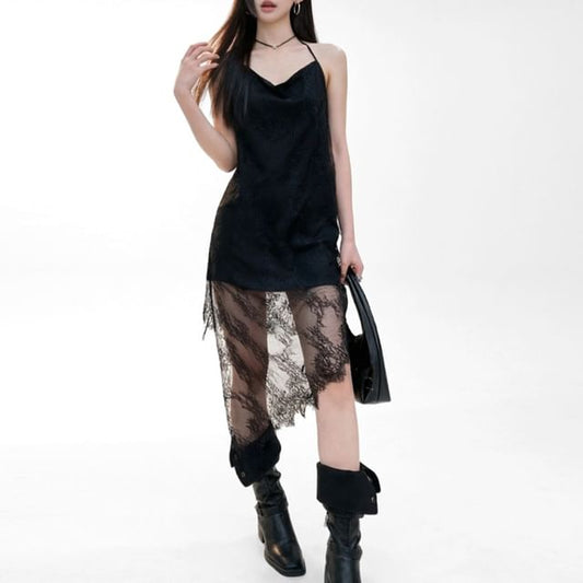 Spaghetti Strap Asymmetrical Lace Panel Dress
