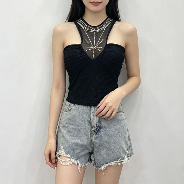 Sheer Panel Lace Halter Neck Camisole
