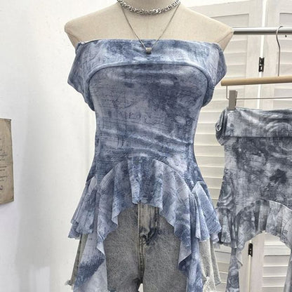 Tie-Dye Ruffle-Trim Strapless Tube Top