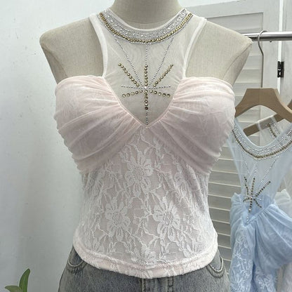 Sheer Panel Lace Halter Neck Camisole
