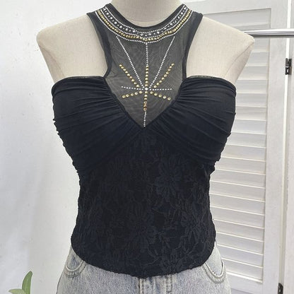 Sheer Panel Lace Halter Neck Camisole