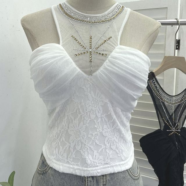 Sheer Panel Lace Halter Neck Camisole
