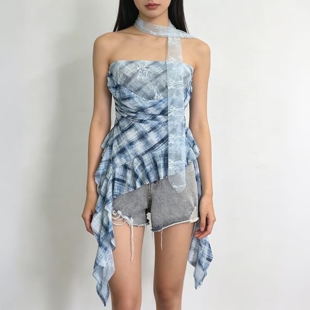 Plaid Lace Panel Ruffle-Trim Strapless Tube