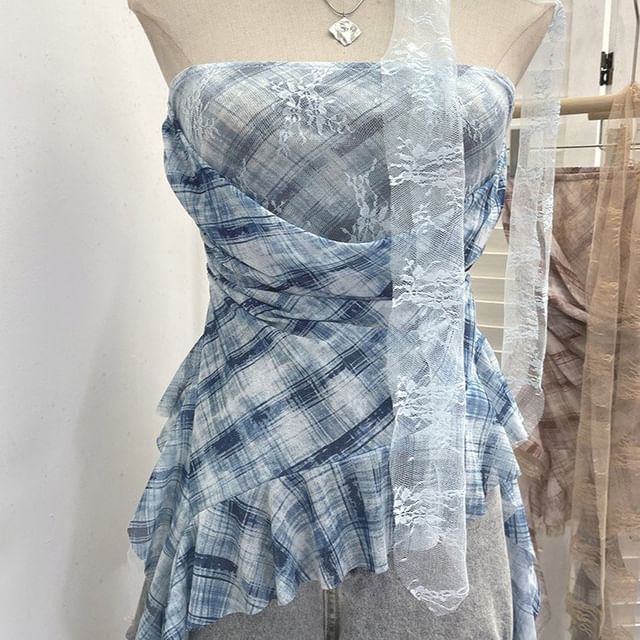 Plaid Lace Panel Ruffle-Trim Strapless Tube