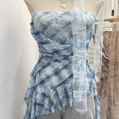 Plaid Lace Panel Ruffle-Trim Strapless Tube