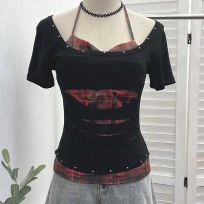 Cutout Cold-Shoulder Short-Sleeve Mock Layer Tee