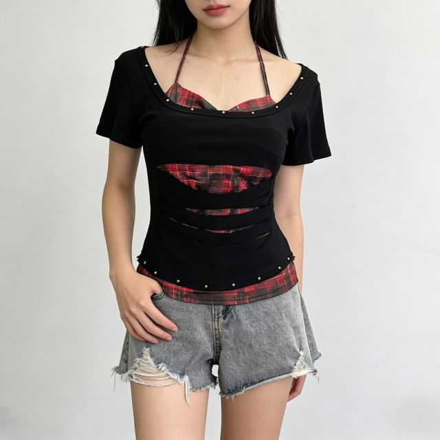 Cutout Cold-Shoulder Short-Sleeve Mock Layer Tee