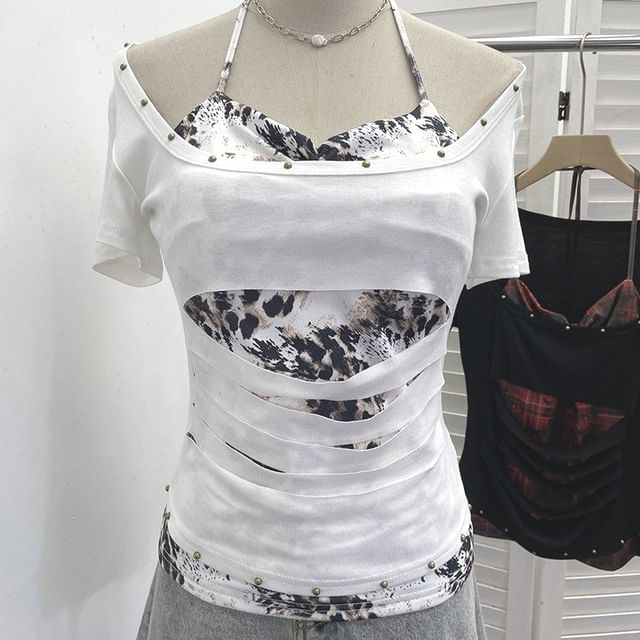 Cutout Cold-Shoulder Short-Sleeve Mock Layer Tee
