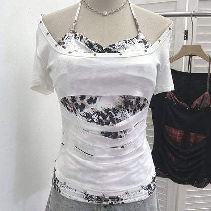 Cutout Cold-Shoulder Short-Sleeve Mock Layer Tee